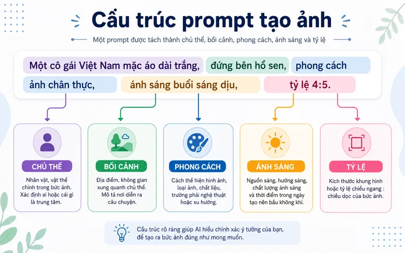 Prompt càng mô tả rõ chủ thể, bối cảnh, phong cách và ánh sáng thì ảnh AI càng sát với ý tưởng ban đầu.