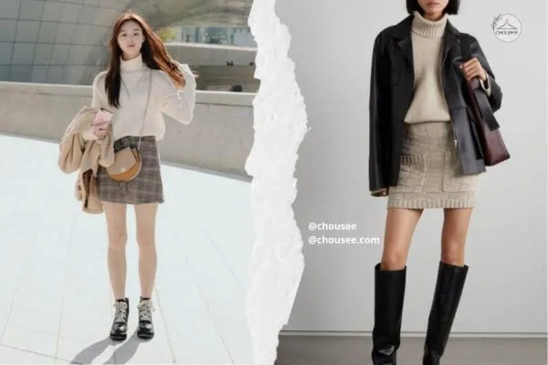 Công thức áo cổ lọ, chân váy ngắn và boots cao cổ phù hợp với những ngày không quá lạnh, mang lại vẻ thời trang.