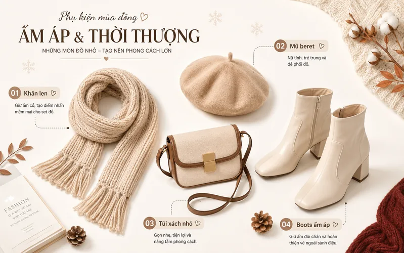 Phụ kiện giúp cách phối đồ trẻ trung cho nữ mùa đông có điểm nhấn, bớt đơn điệu và thể hiện cá tính rõ hơn.