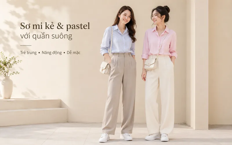 Sơ mi kẻ hoặc màu pastel kết hợp quần suông và giày thể thao tạo vẻ năng động.