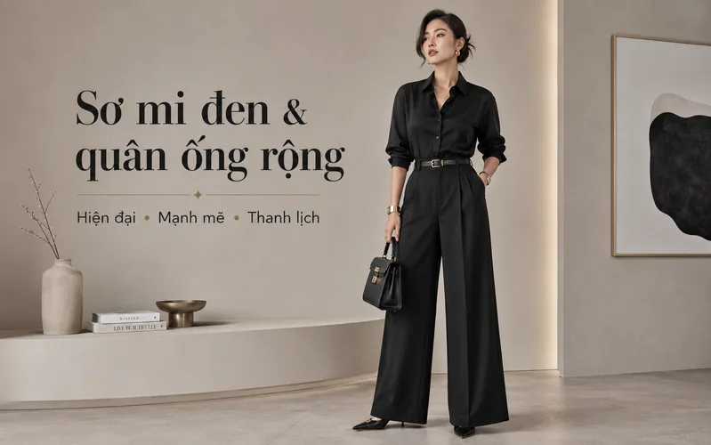 Sơ mi đen, quần ống rộng và phụ kiện kim loại tạo diện mạo hiện đại, mạnh mẽ.