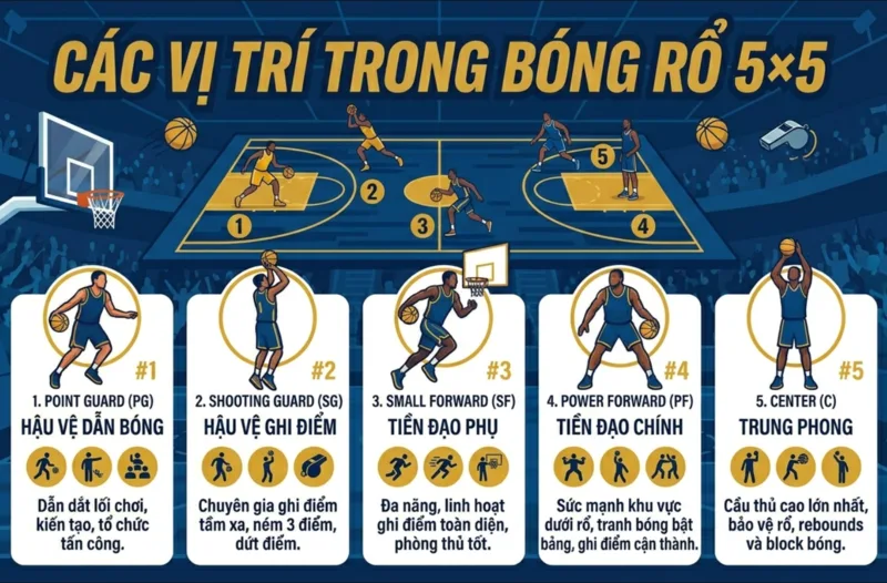 Các vị trí trong bóng rổ truyền thống gồm Point Guard, Shooting Guard, Small Forward, Power Forward và Center.