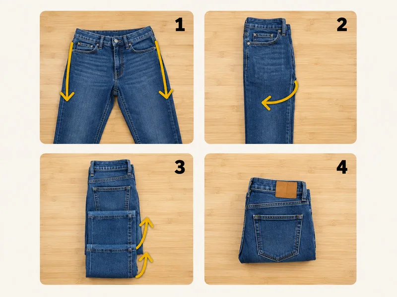 Cách gấp quần jeans gọn bằng cách gập đôi ống quần và chia chiều dài thành các phần đều nhau.