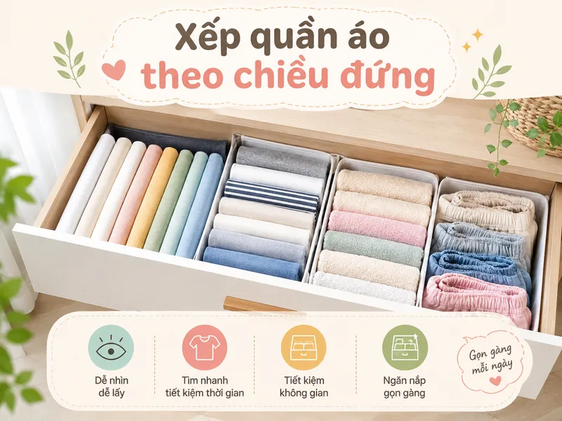 Xếp quần áo theo chiều đứng giúp nhìn thấy toàn bộ trang phục mà không phải lật từng chồng đồ.
