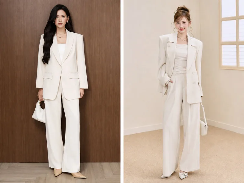 Quần trắng ống rộng kết hợp áo lụa hoặc blazer tạo vẻ ngoài sang trọng, hiện đại khi dự tiệc