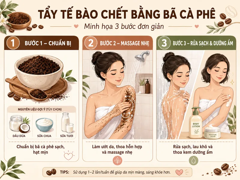 Thực hiện tẩy tế bào chết bằng bã cà phê đúng cách cần chú ý từ khâu chuẩn bị nguyên liệu đến lực massage và dưỡng ẩm sau khi sử dụng.