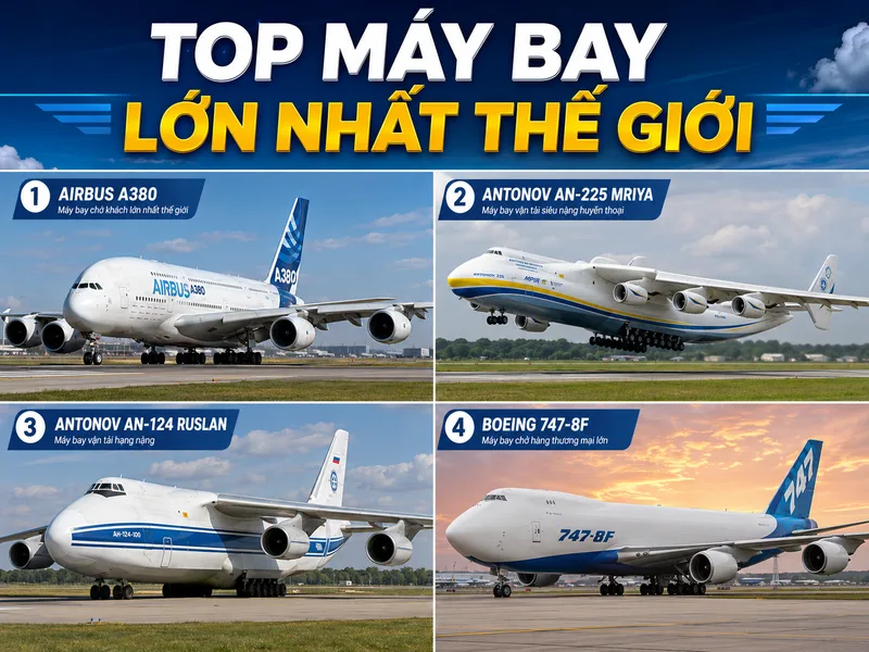Máy bay lớn nhất thế giới có thể được xác định theo sải cánh, chiều dài, tải trọng, sức chứa hành khách hoặc diện tích cabin.